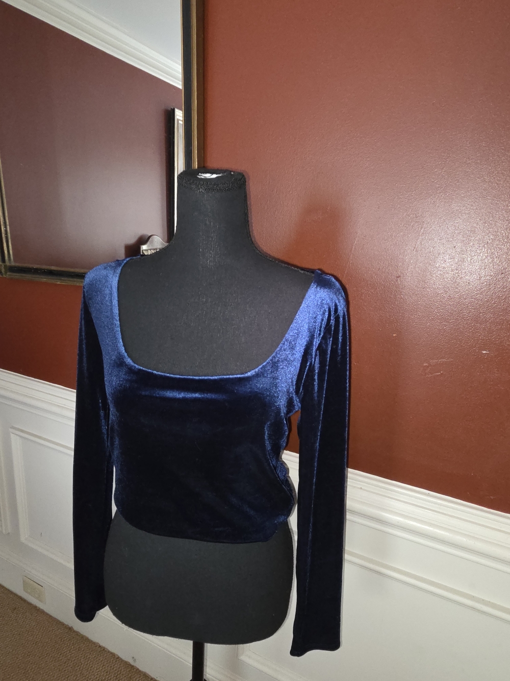 Ambiance Navy Velvet Long Sleeve Scoop Neck Top